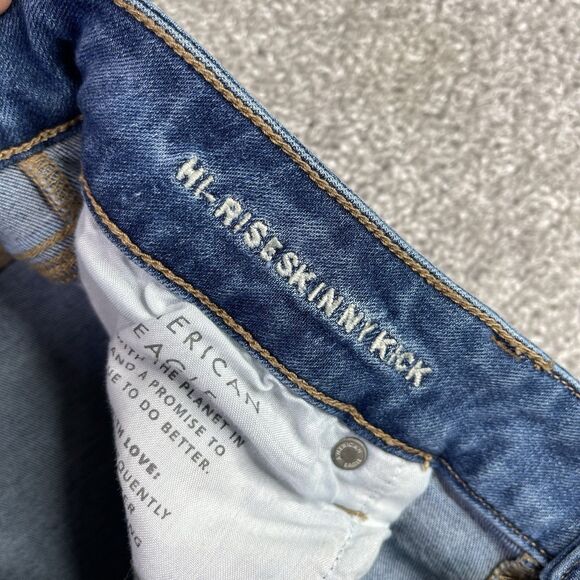 American Eagle Jeans Women’s 14 X-Short Blue Skinny Kick High Rise Distressed - Picture 6 of 12